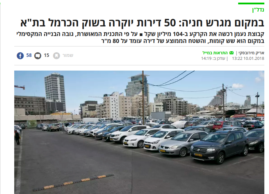 קבוצת נעמן זכתה במכרז רשות מקרקעי ישראל  לקרקע המיועדת לבניית 50 דירות בשוק הכרמל בתל אביב